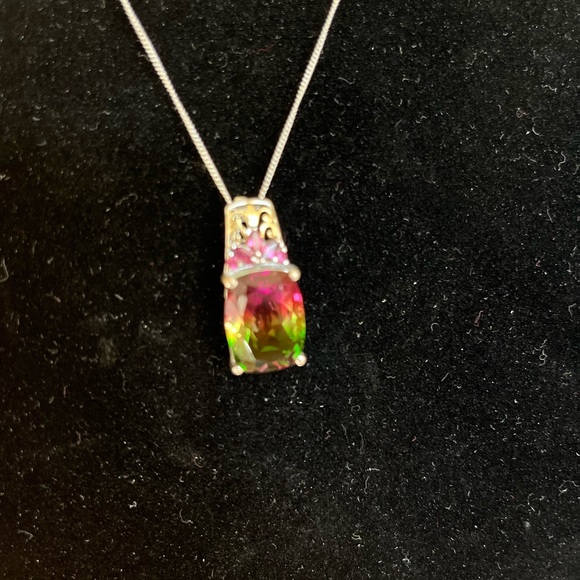 🍉 Watermelon Quartz, Orissa Rhondolite, Garnet Sterling Pendant w/ 20in Chain - Picture 2 of 11